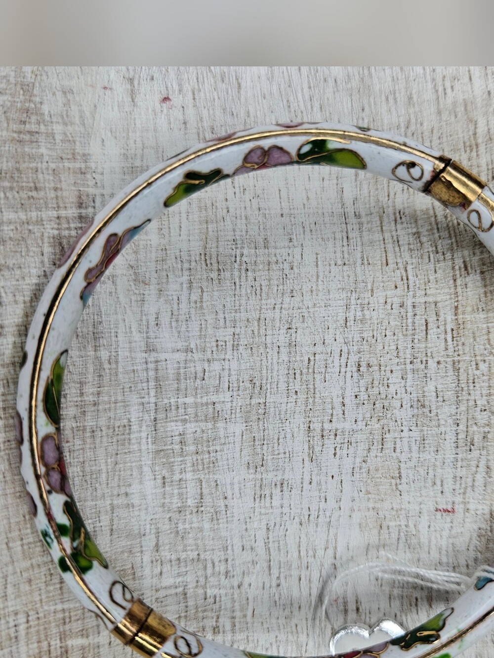 Vintage White Cloisonne Enamel Floral Bangle Bracelet Hinged Gold Clamper - Picture 8 of 12